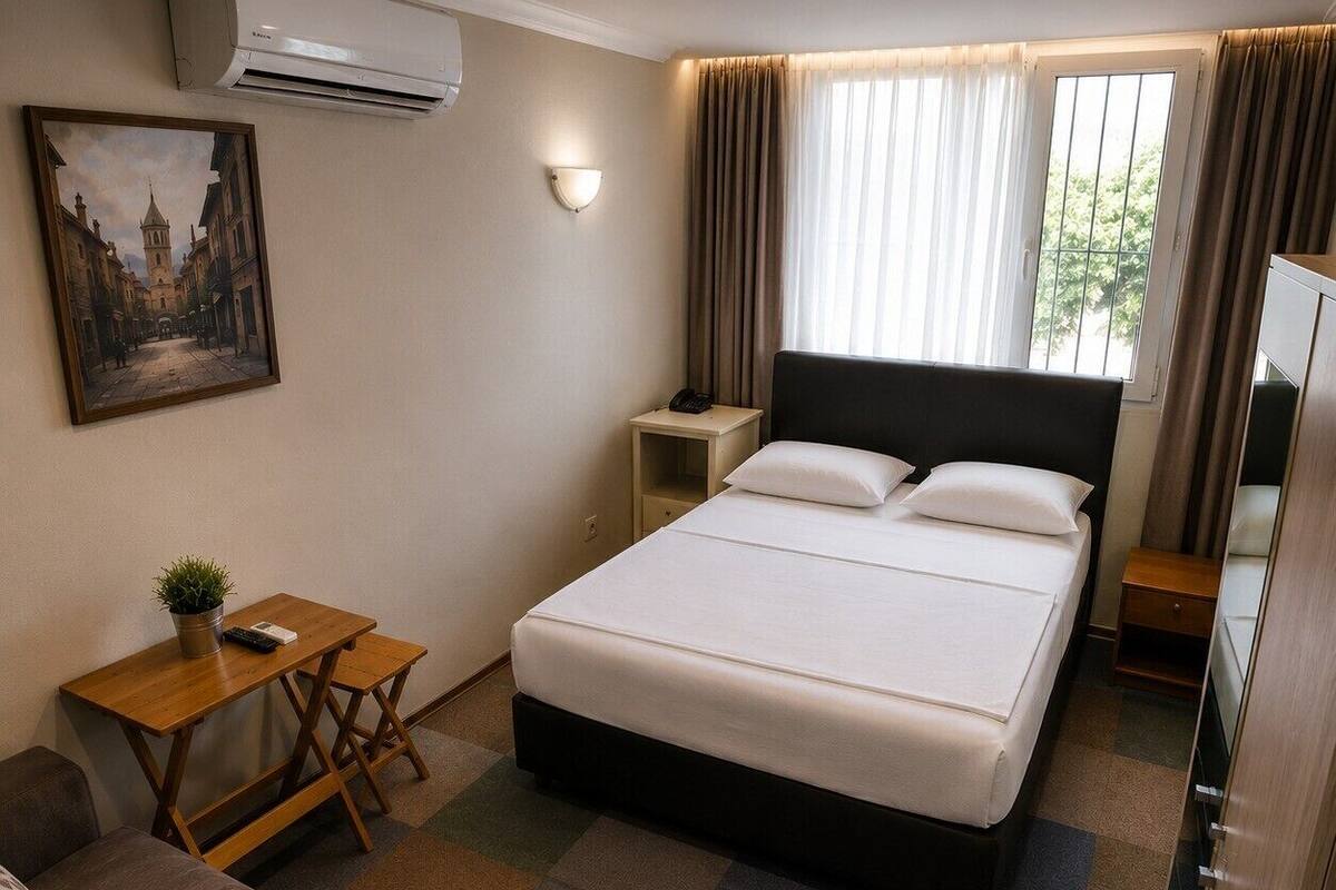 Ett hotellrum med en säng, ett skrivbord, en stol, ett litet bord, en växt, en tavla och en luftkonditioneringsanläggning.