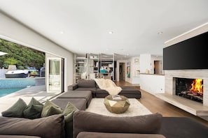 TV, fireplace, books, stereo