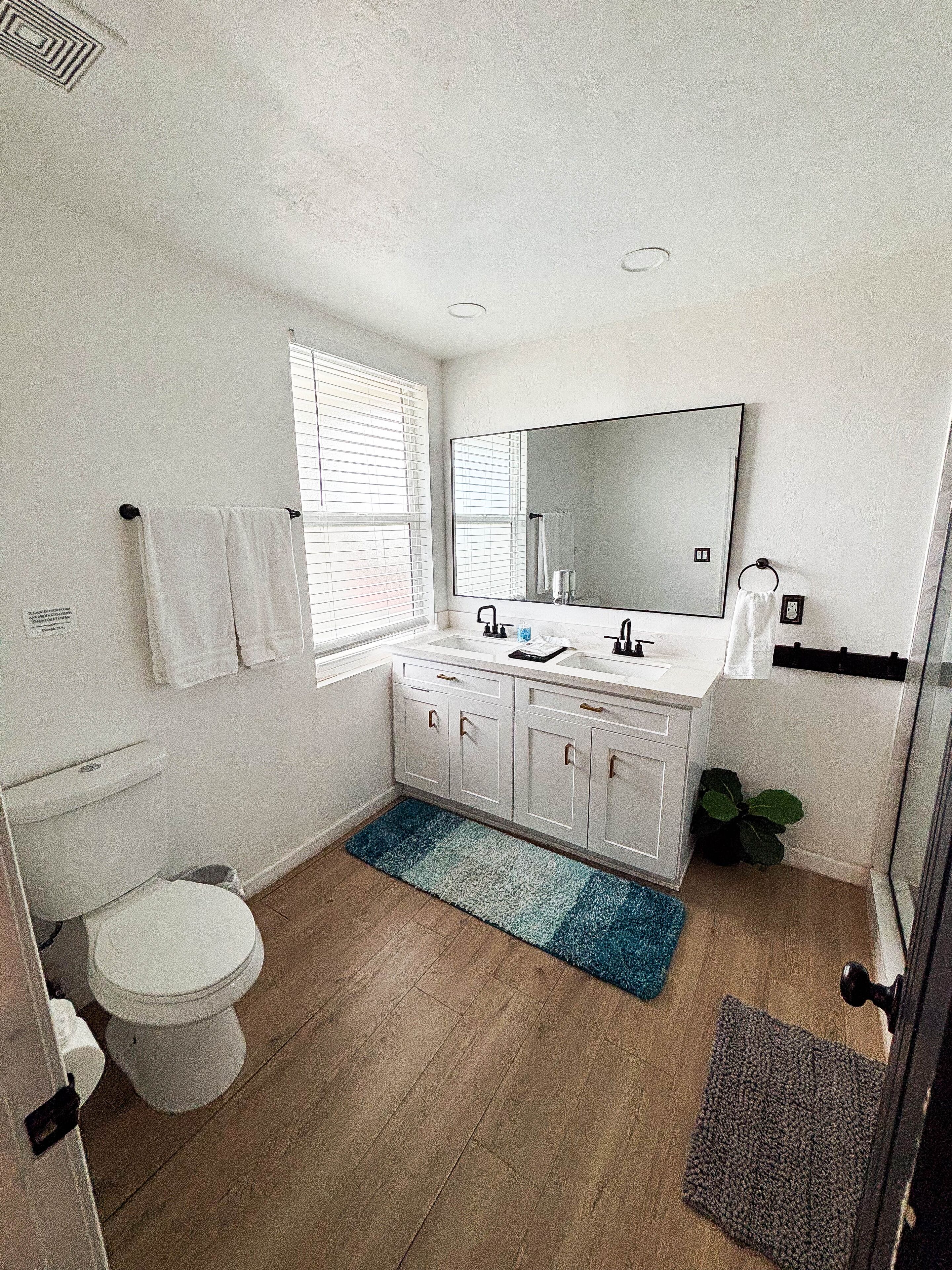 Une salle de bain avec des toilettes, un lavabo, un miroir et un tapis bleu.