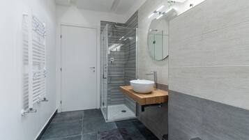 Shower, hair dryer, bidet, towels