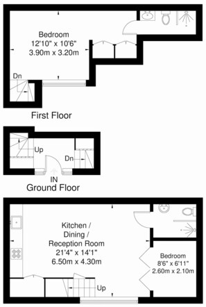 Plano de planta de un hotel con un dormitorio de 3,9 metros por 3,2 metros, una sala de cocina/comedor/recepción de 6,5 metros por 4,3 metros, y otro dormitorio de 2,6 metros por 2 metros.