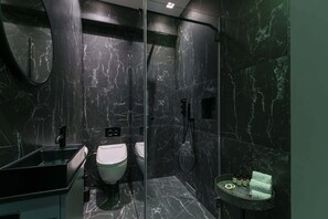Shower, hair dryer, towels, shampoo