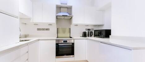 City Apartment | Private kitchen | Full-sized fridge, microwave, oven, stovetop