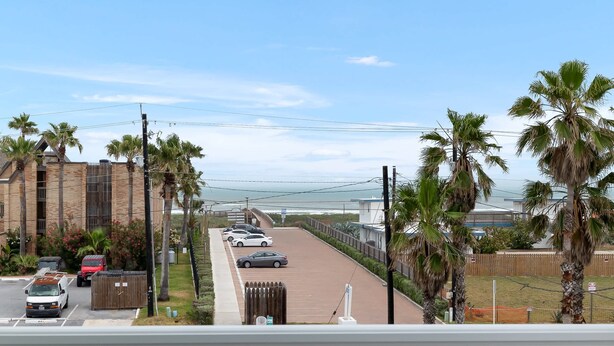 A residential street with parked cars, palm trees, and a view of the ocean. - Pineapple Paradise (South Padre Island)
