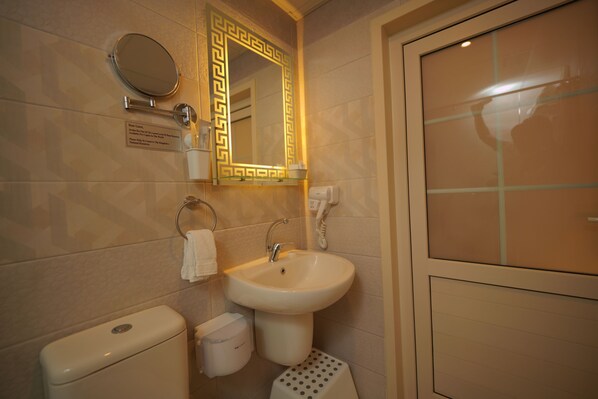 A bathroom with a toilet, sink, and mirror. - Petra Plaza Hotel (Wadi Musa)
