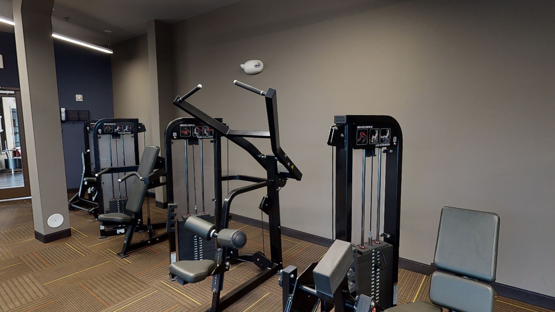 A gym with various exercise machines, a mirror, and a carpeted floor.
