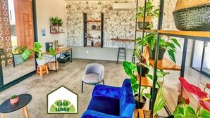 Un salon moderne avec un canapé bleu, un fauteuil gris et une petite table. On y trouve plusieurs étagères ornées de plantes et de livres.