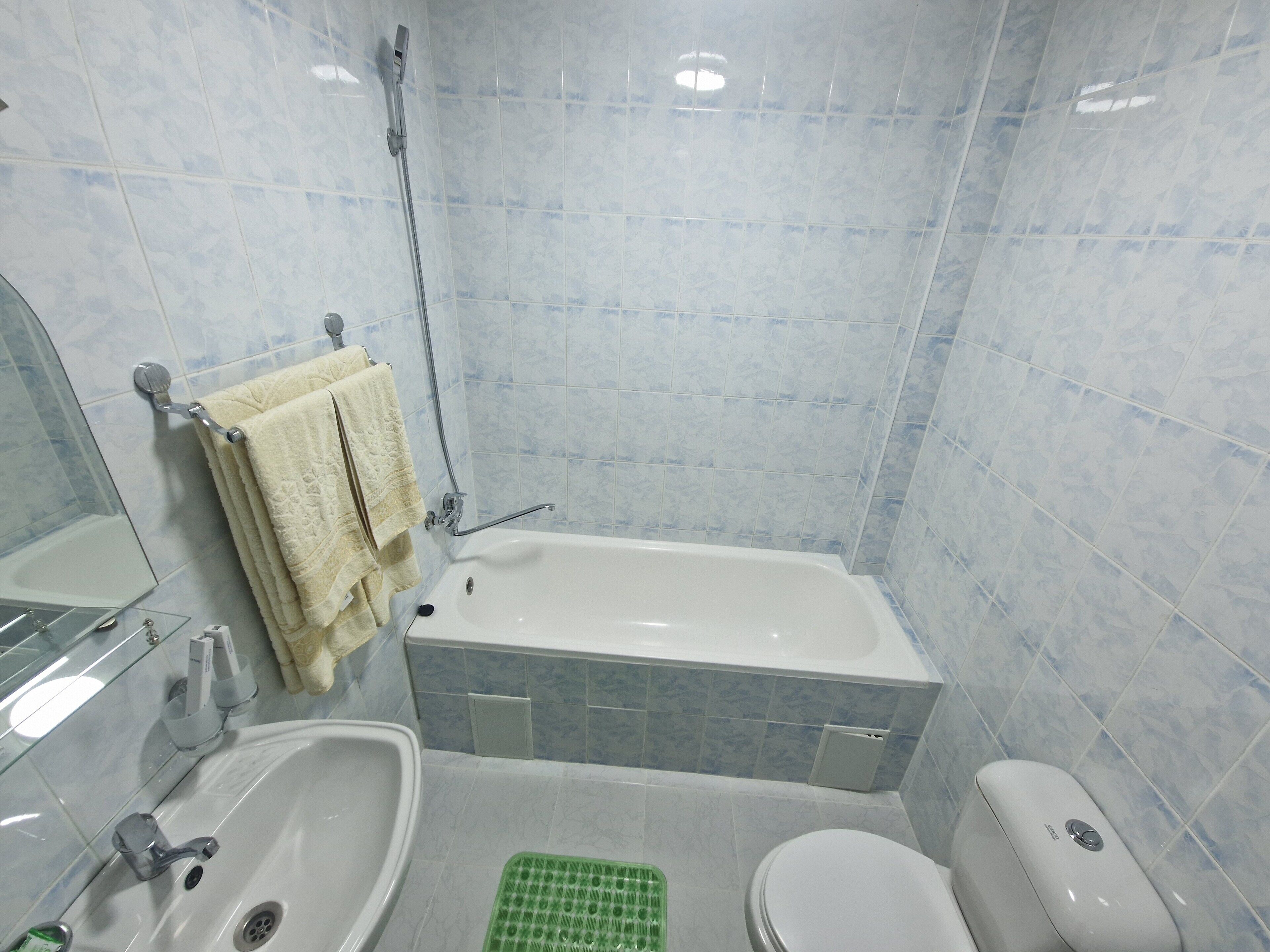A bathroom with a bathtub, sink, toilet, and a green mat.