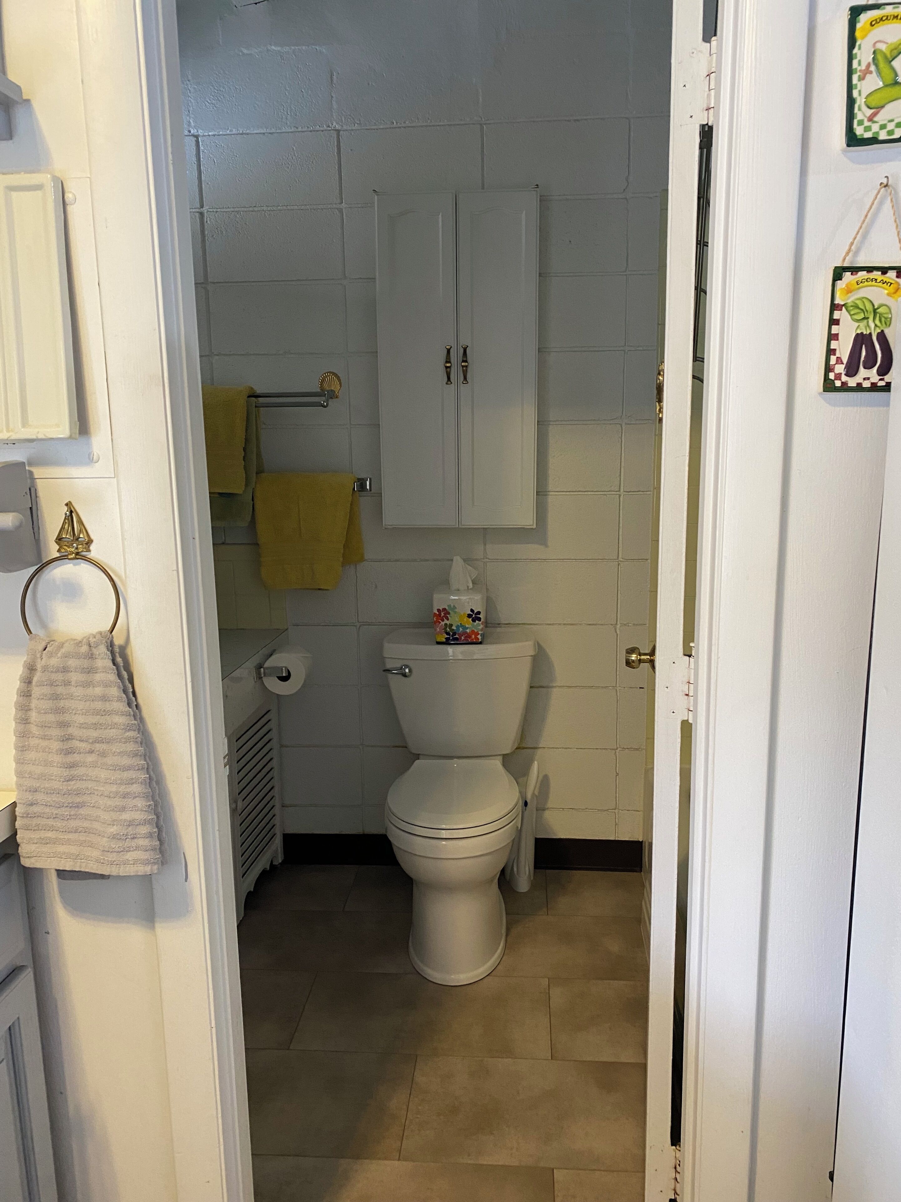 Ein Badezimmer mit Toilette, Handtuchhalter und Schrank.