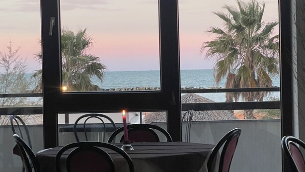 Un espace repas avec une table et des chaises, donnant sur une plage bordée de palmiers et sur la mer.