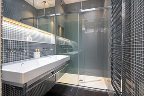 Shower, hair dryer, bidet, towels