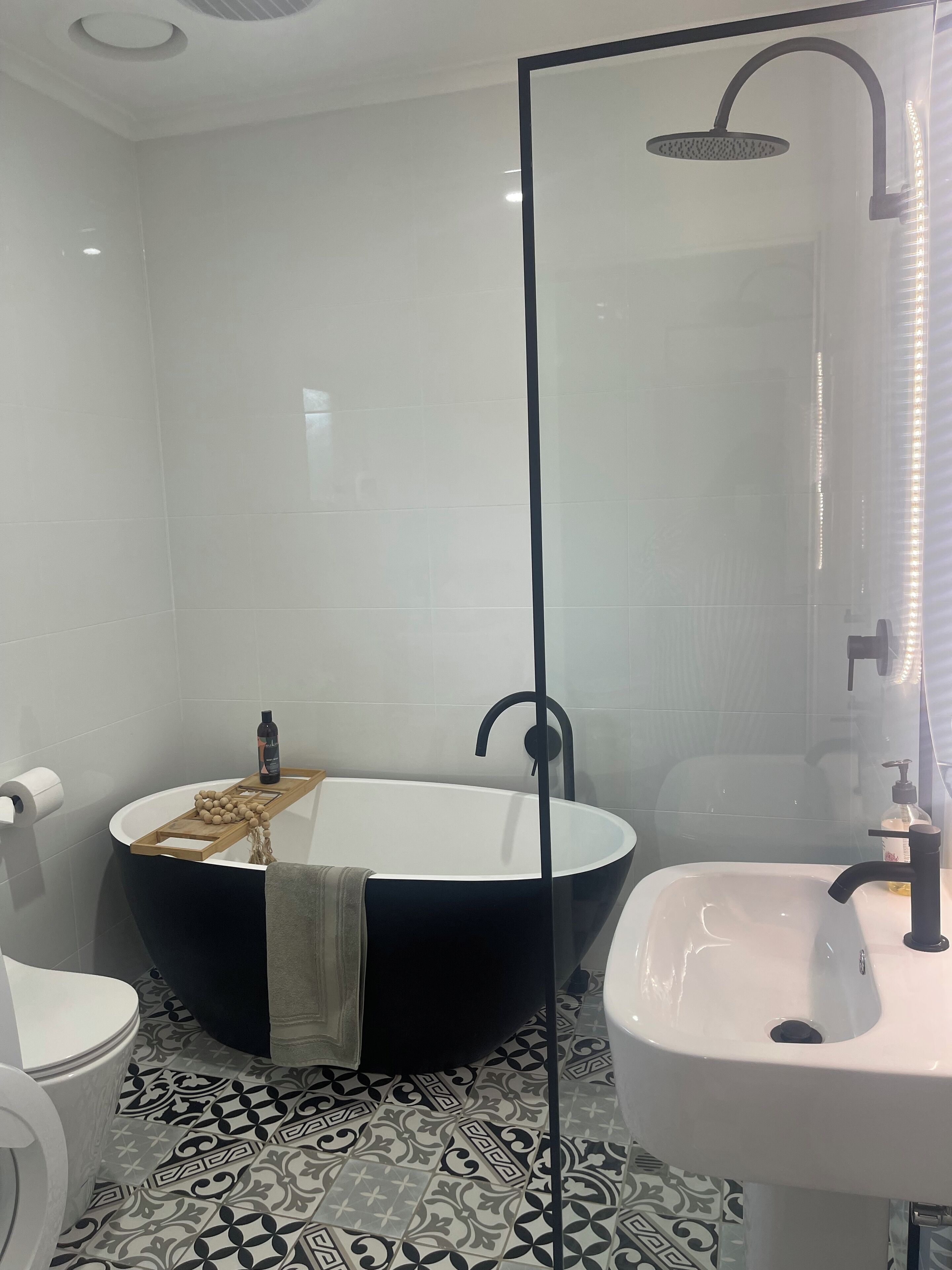 Hair dryer, towels, soap, toilet paper