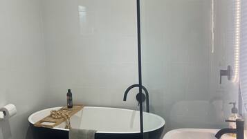 Hair dryer, towels, soap, toilet paper