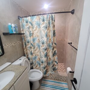 Shower, hair dryer, towels, soap