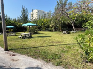 Relax in the serene hotel grounds, surrounded by lush trees and shrubs, with picnic tables and shaded areas.