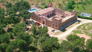 Une vue aérienne d’un bâtiment qui ressemble à un château, avec une piscine, entouré d’arbres et de vastes champs.