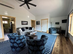 TV connectée, cheminée, livres