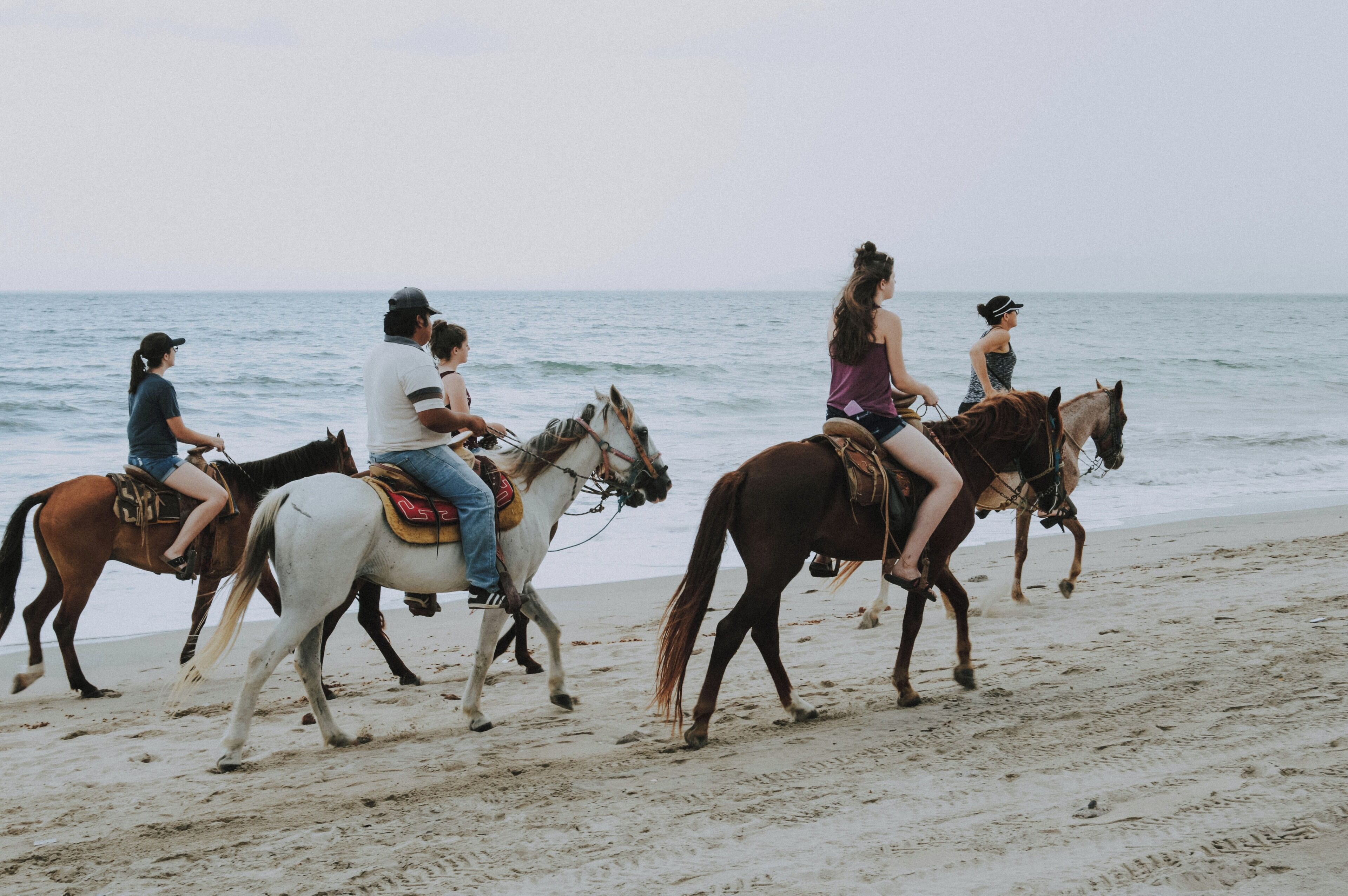 Escena de playa con gente montando caballos a lo largo de la orilla.