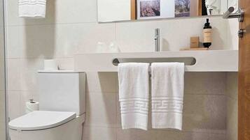 Een moderne badkamer met toilet, hygiëneslot en wastafel. Twee handdoeken hangen aan de muur, er is een prullenbak en een spiegel met een sierlijst.