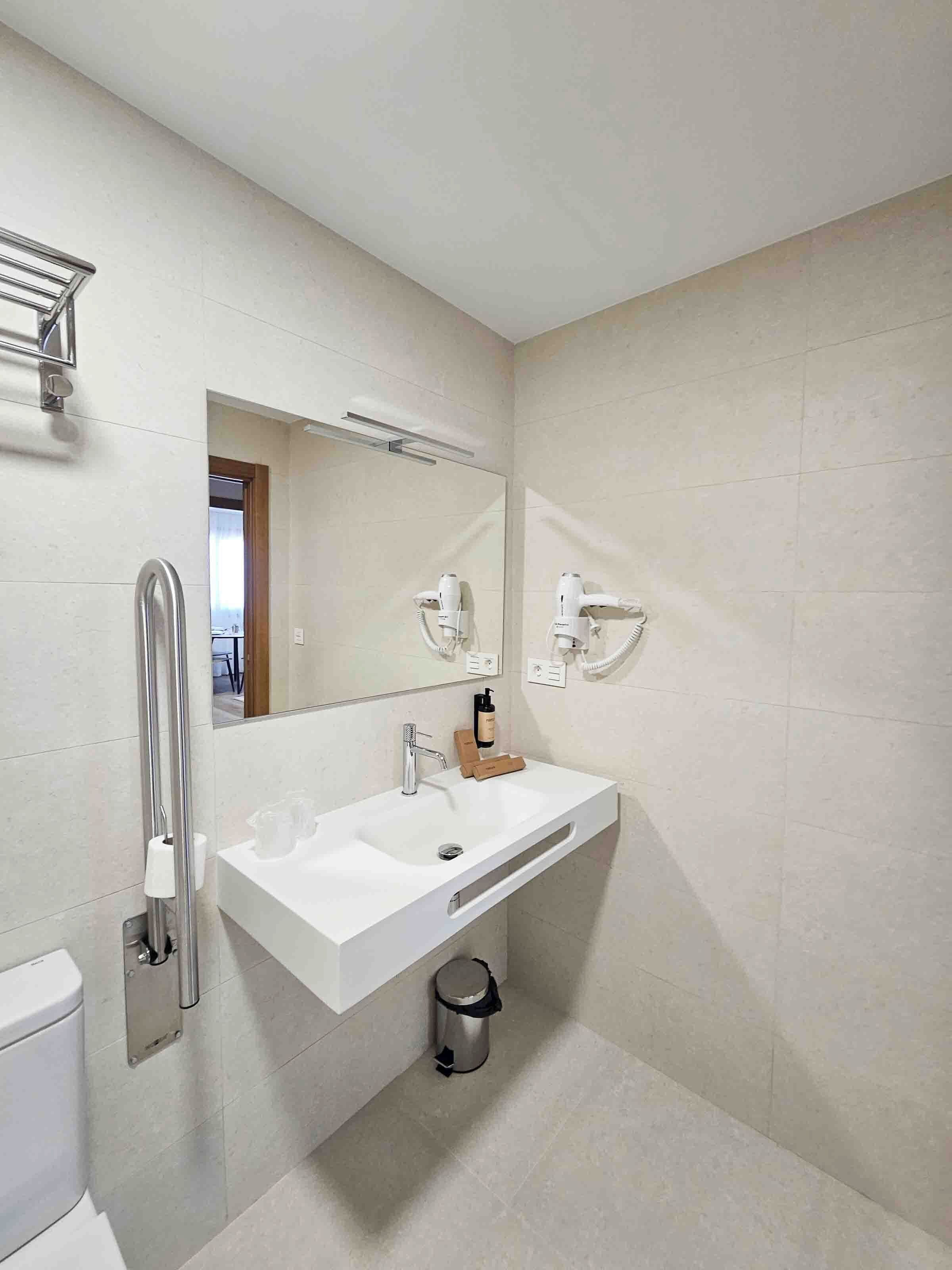 A modern bathroom with a white sink, a large mirror, a handheld showerhead, and a toilet.