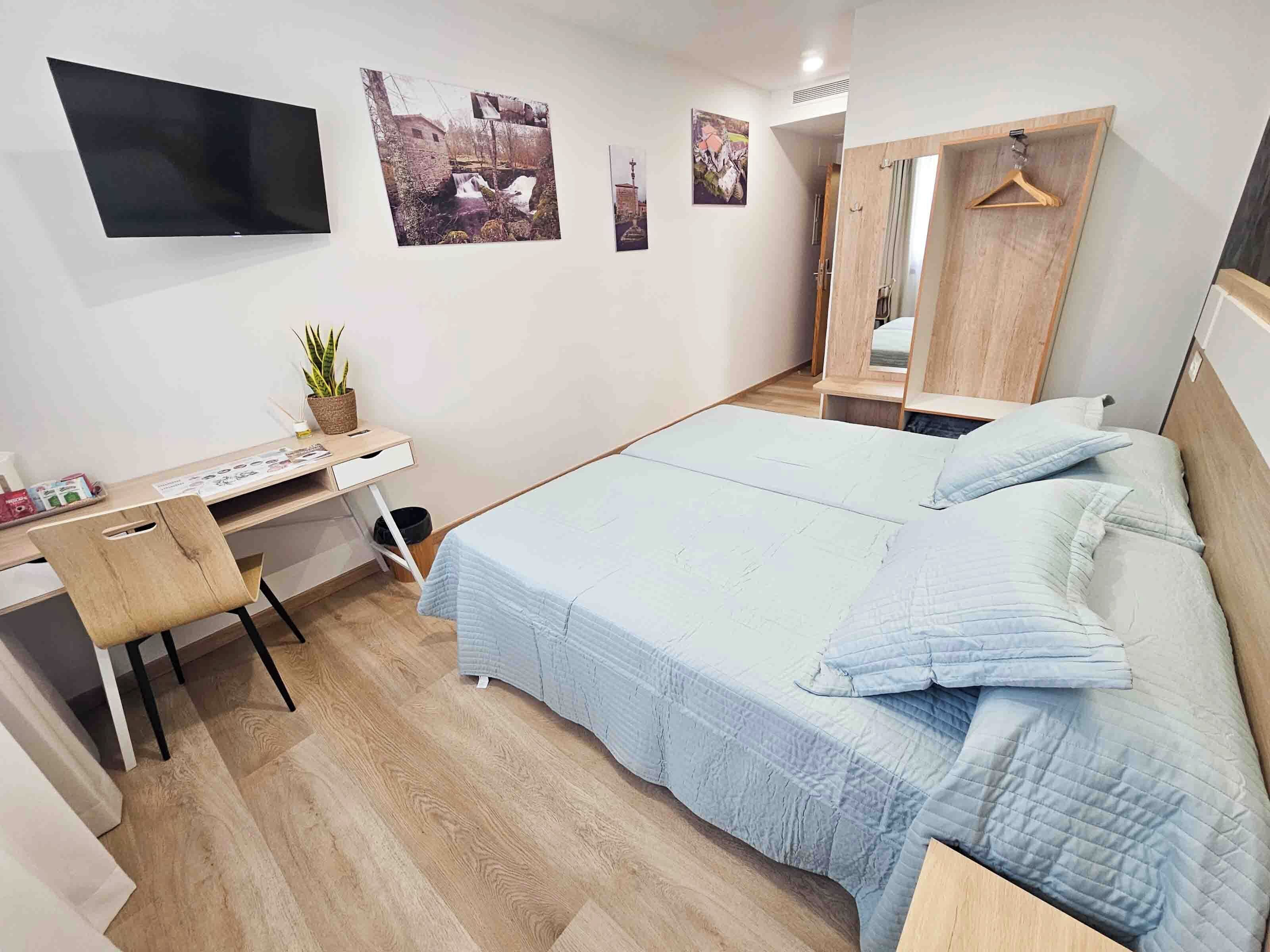 A bedroom with a bed, a desk, a chair, a potted plant, and a mirror.