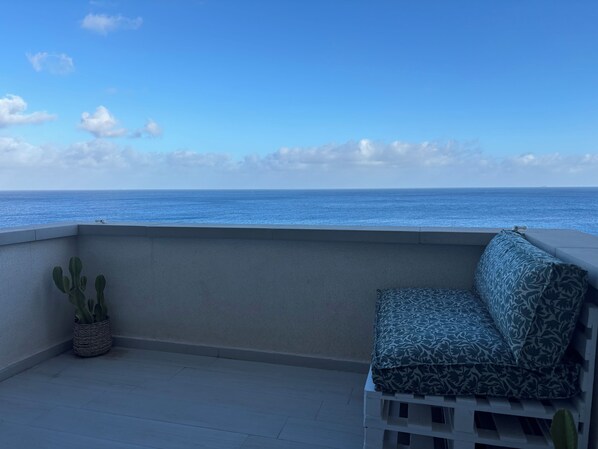 Un balcon avec vue sur l’océan, un cactus et un canapé à motifs.