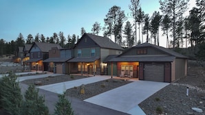 A row of modern houses with attached garages, a driveway, and a forested backdrop.