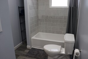 Hair dryer, towels, soap, shampoo