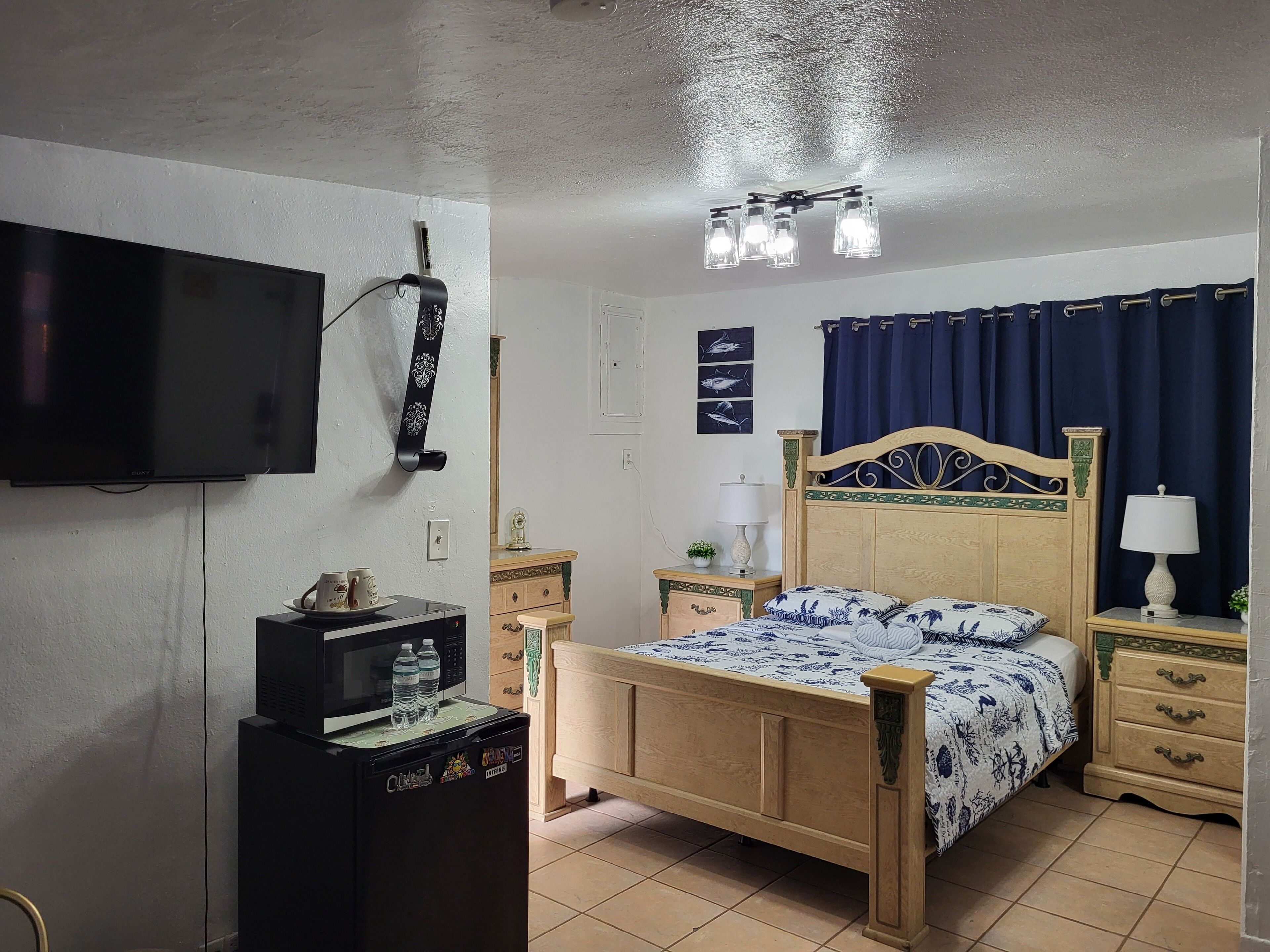 Ein Schlafzimmer mit einem Bett, einem Fernseher, einem Kühlschrank, einem Nachttisch mit Lampe und einer Deckenleuchte.