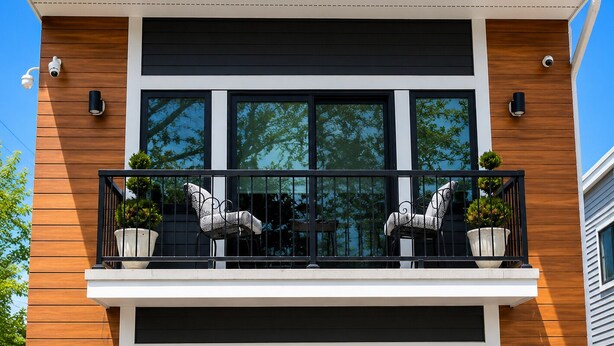 Un bâtiment moderne à deux étages, doté d’un balcon, de grandes fenêtres et de caméras de surveillance.