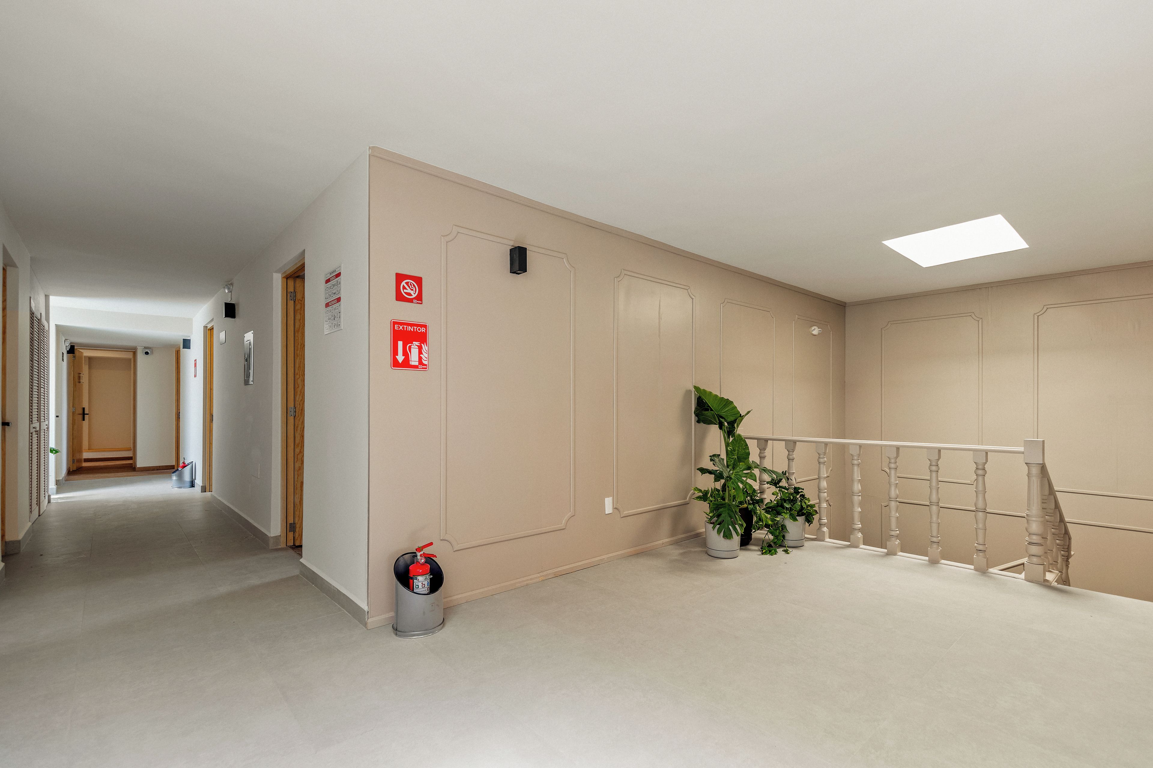 A hallway with beige walls, a fire extinguisher, and a potted plant.