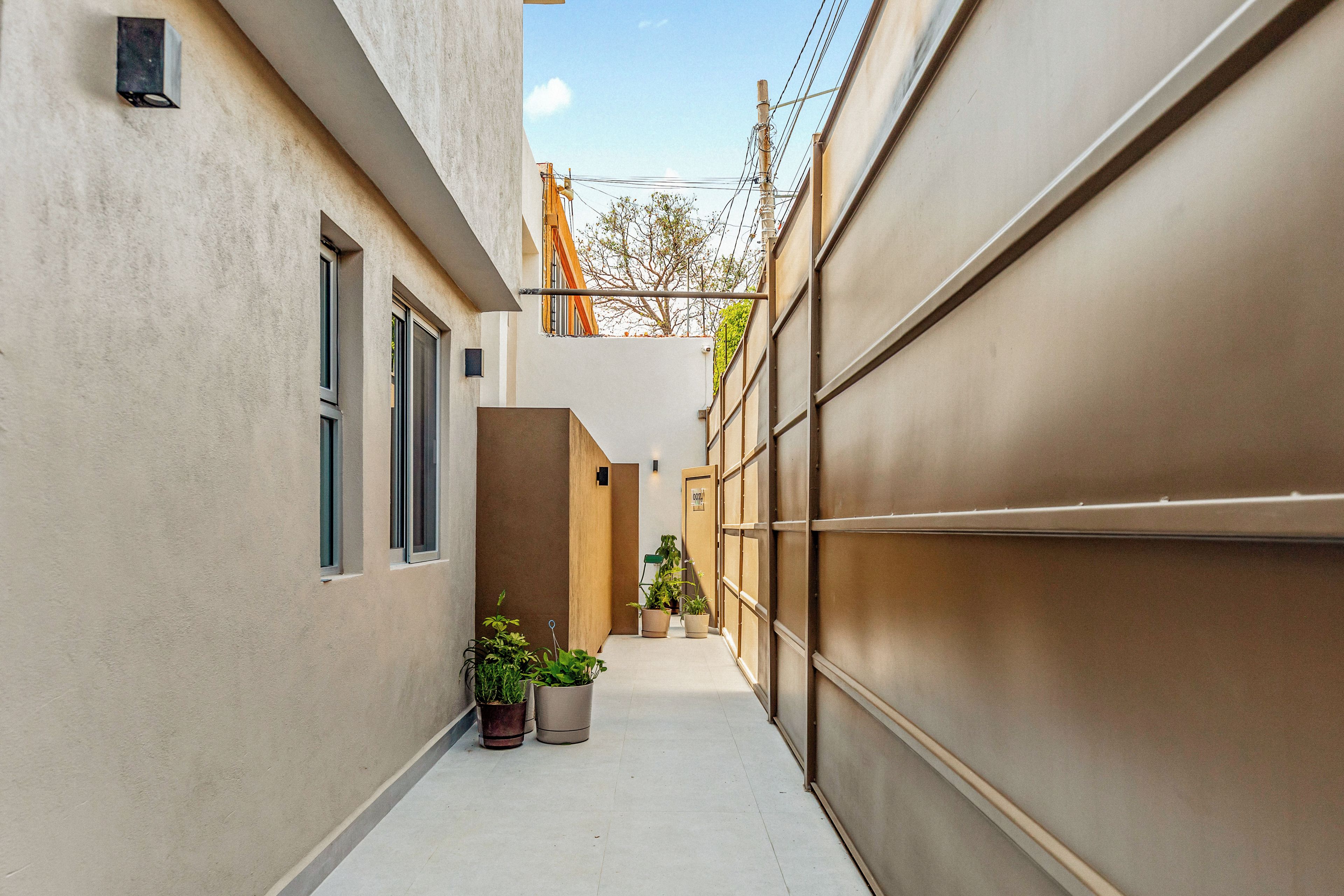 A narrow alleyway with a building on one side and a garage on the other. There are potted plants and a small tree visible.