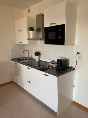 Mikrowelle, Herdplatte, Wasserkocher mit Kaffee-/Teezubehör