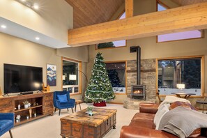 Smart TV, fireplace, foosball, books