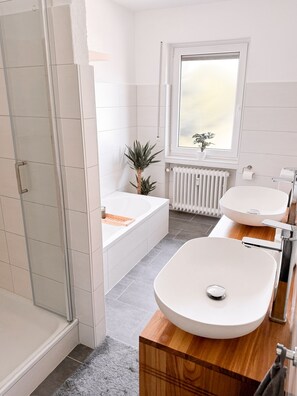 Hair dryer, towels, soap, shampoo