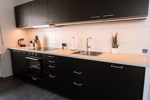 Frigorífico, microondas, horno y placa de cocina