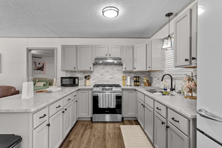 Fridge, microwave, oven, stovetop. Country Comfort 4BR-2BA, New Reno, Patio, Fenced Yard, BBQ