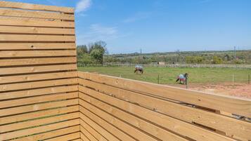 A wooden fence with a clear view of a fenced pasture with horses.