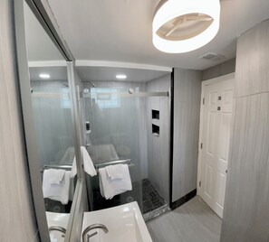 Hair dryer, towels, soap, toilet paper