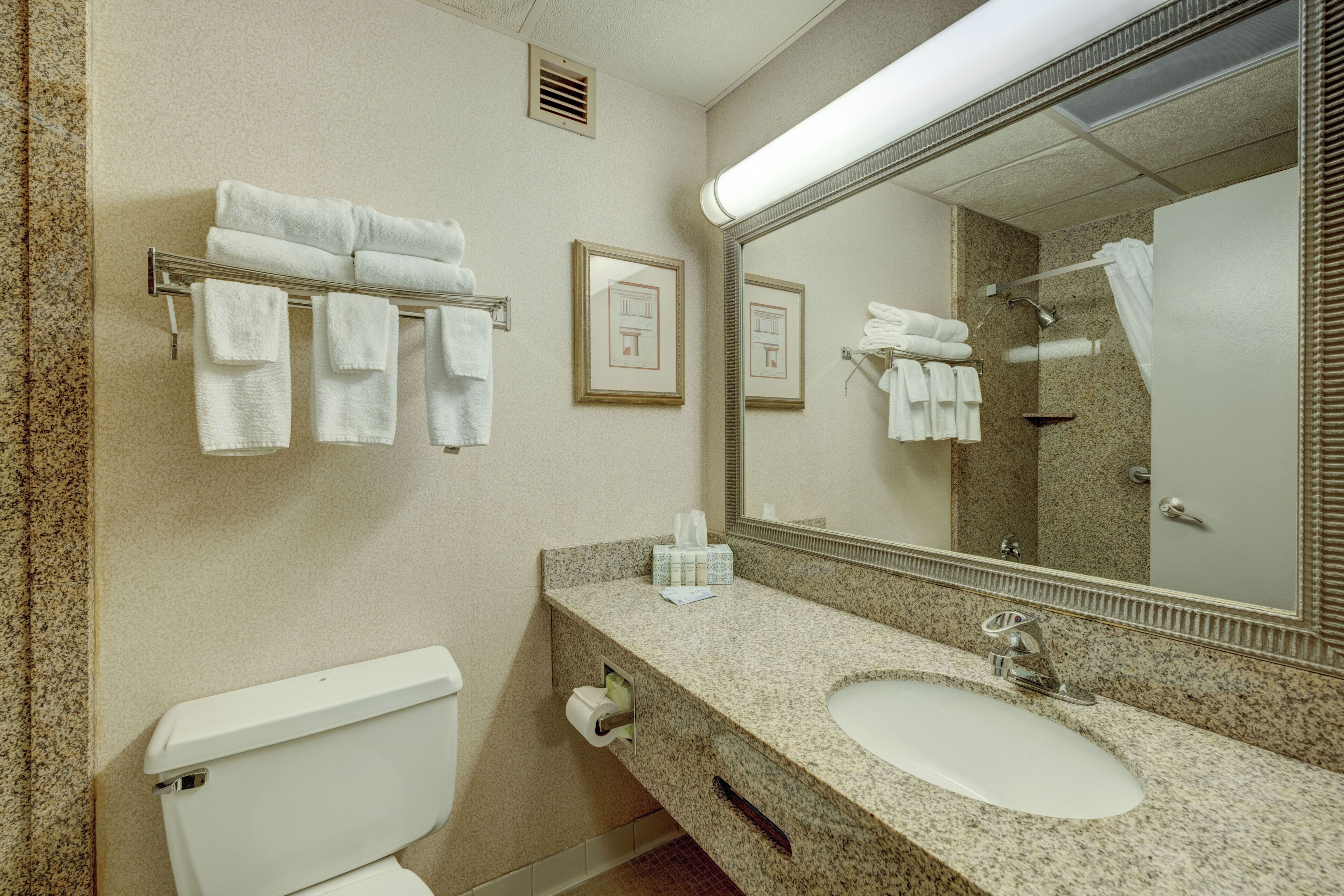 A bathroom with a toilet, sink, mirror, towel rack, and framed pictures on the wall.