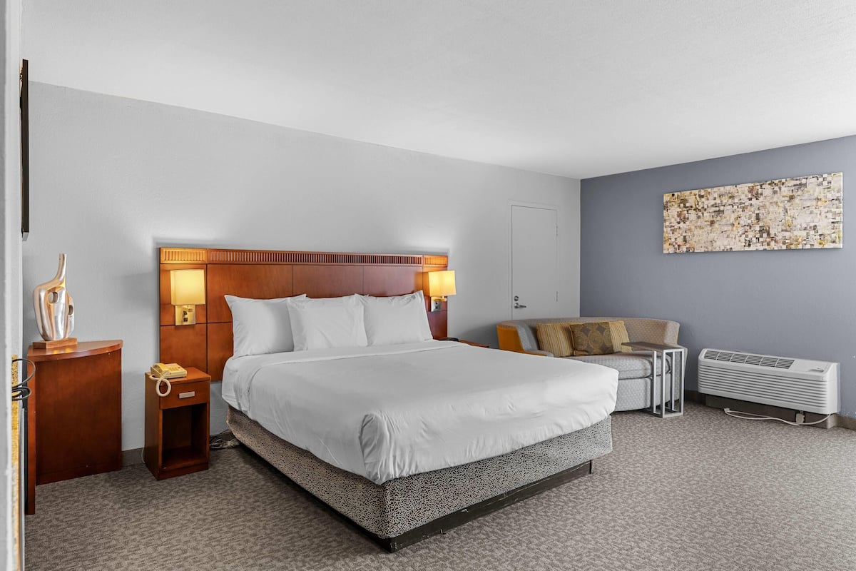 Quarto de hotel com uma cama grande, mesas de cabeceira, um sofá, uma obra de arte na parede e um aquecedor portátil.