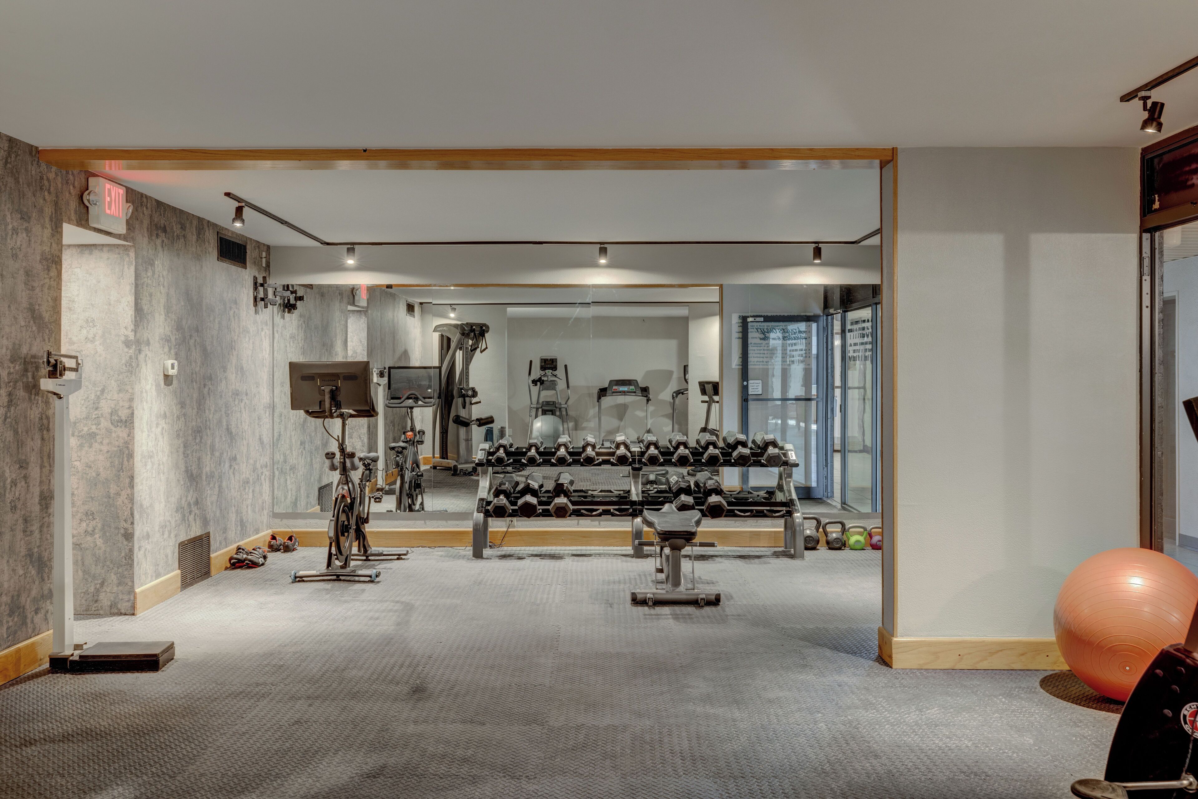 Ein Fitnessraum mit Trainingsgeräten, einer Spiegelwand und einer großen Trainingskugel.