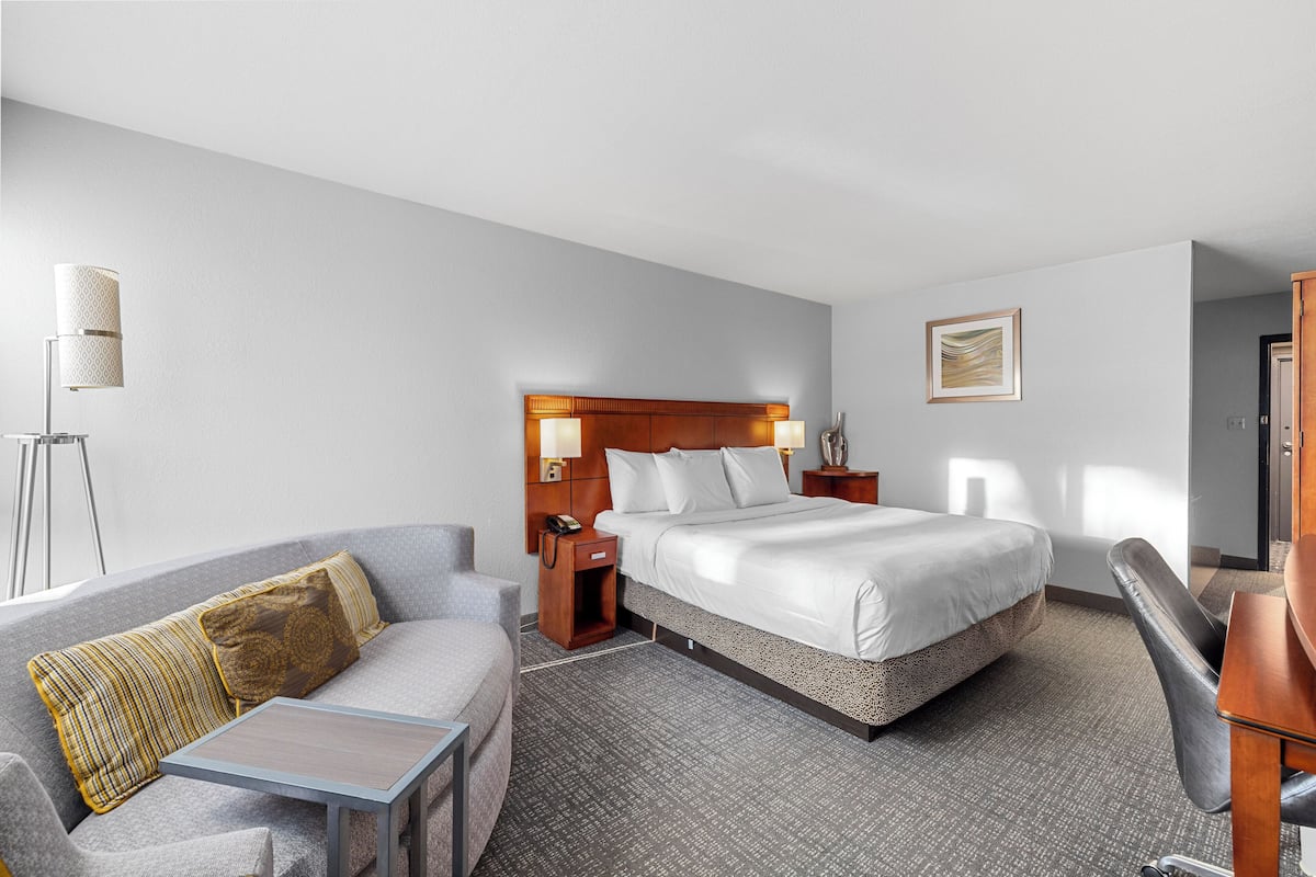 Quarto de hotel com cama, sofá, escrivaninha, luminária e um quadro na parede.