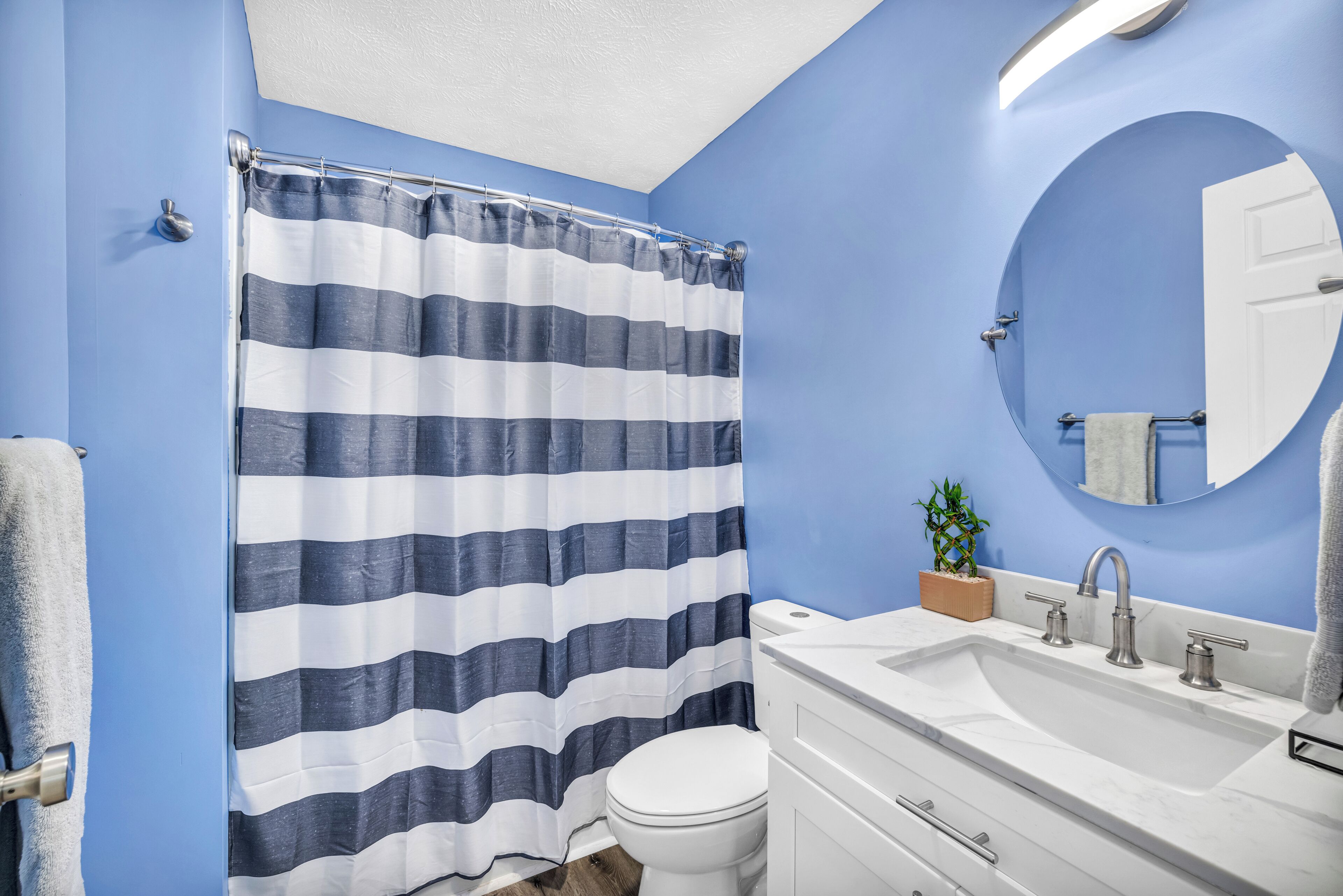 Hair dryer, towels, soap, toilet paper