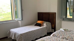 Une chambre avec deux lits simples, une tête de lit en bois, une grande fenêtre avec stores et un ventilateur de plafond.