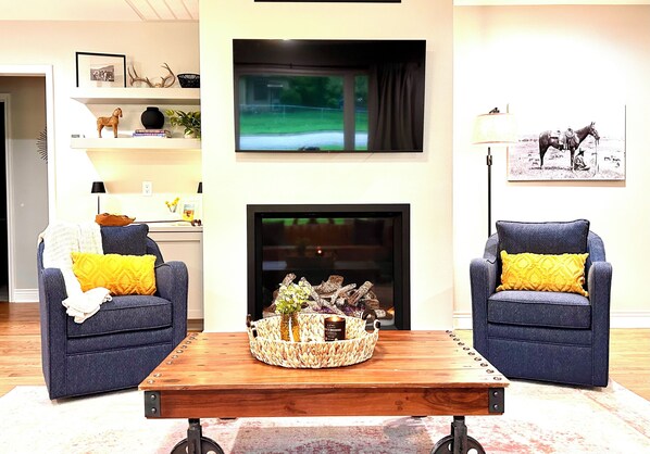 Smart TV, fireplace, books