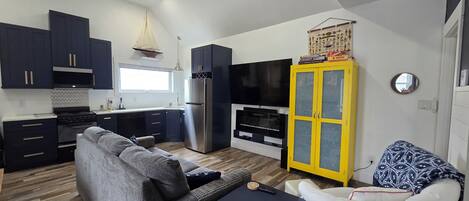 Smart TV, fireplace, books