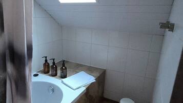 Hair dryer, towels, soap, shampoo