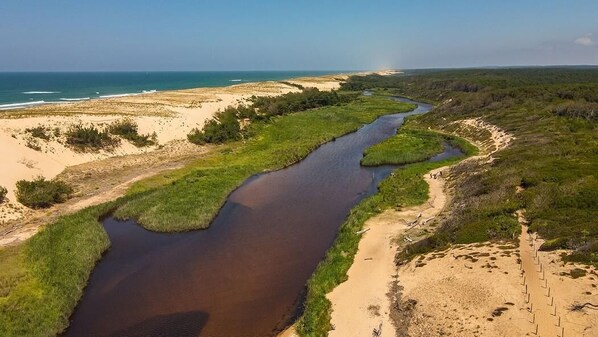 A coastal landscape with a river meandering through a sandy area with sparse vegetation, leading to a beach.