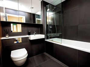 Shower, hair dryer, towels, soap